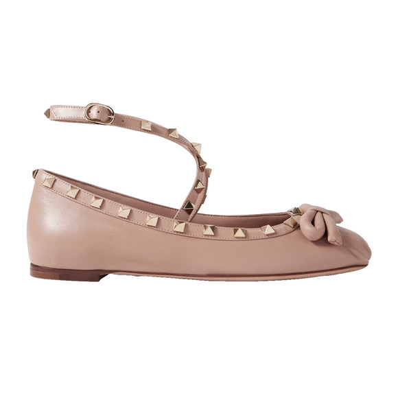 Valentino Rockstud Nude Leather Stud Ankle Strap Bow Ballerina Ballet Flats 37